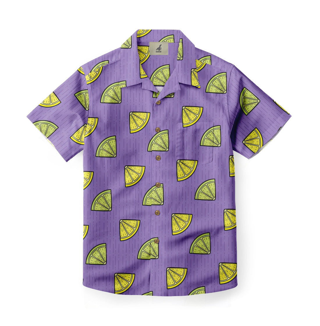 Purple shirt with yellow and green citrus slice pattern.