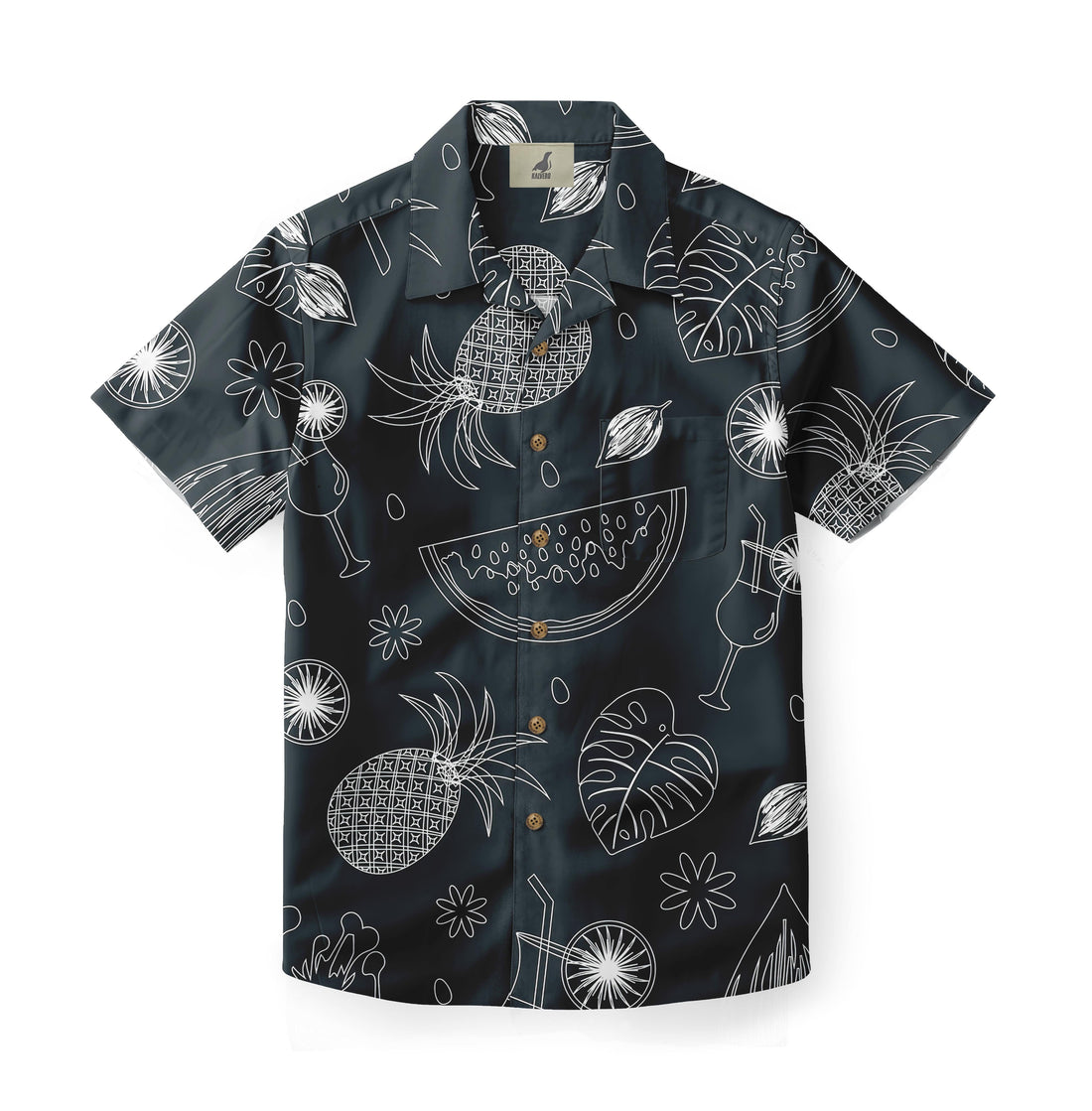 Black shirt with white tropical fruit and leaf patterns.