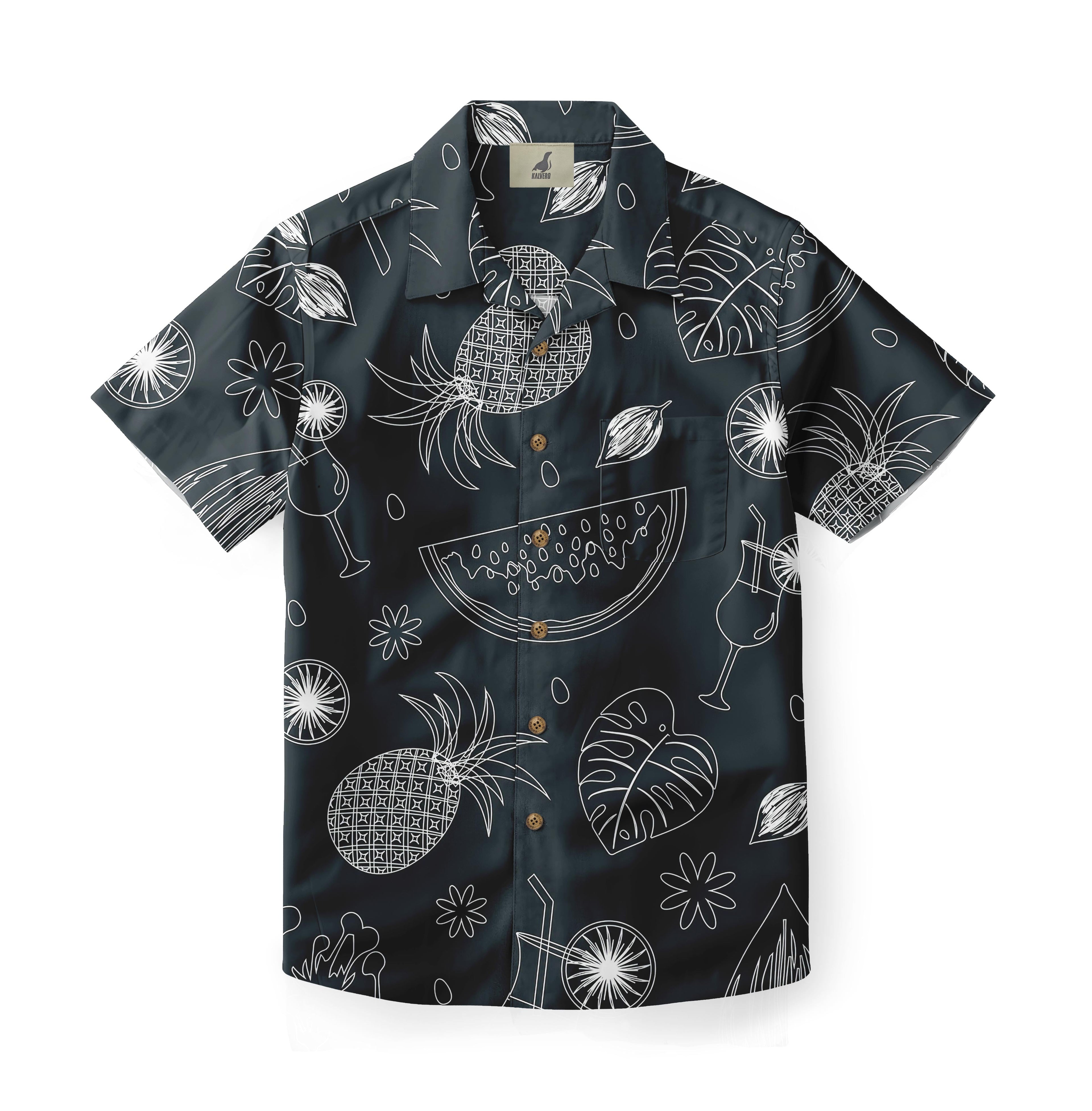 Black shirt with white tropical fruit and leaf patterns.