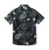 Black shirt with white tropical fruit and leaf patterns.