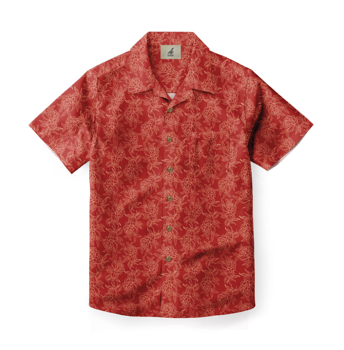 Red floral short-sleeve shirt with buttons.