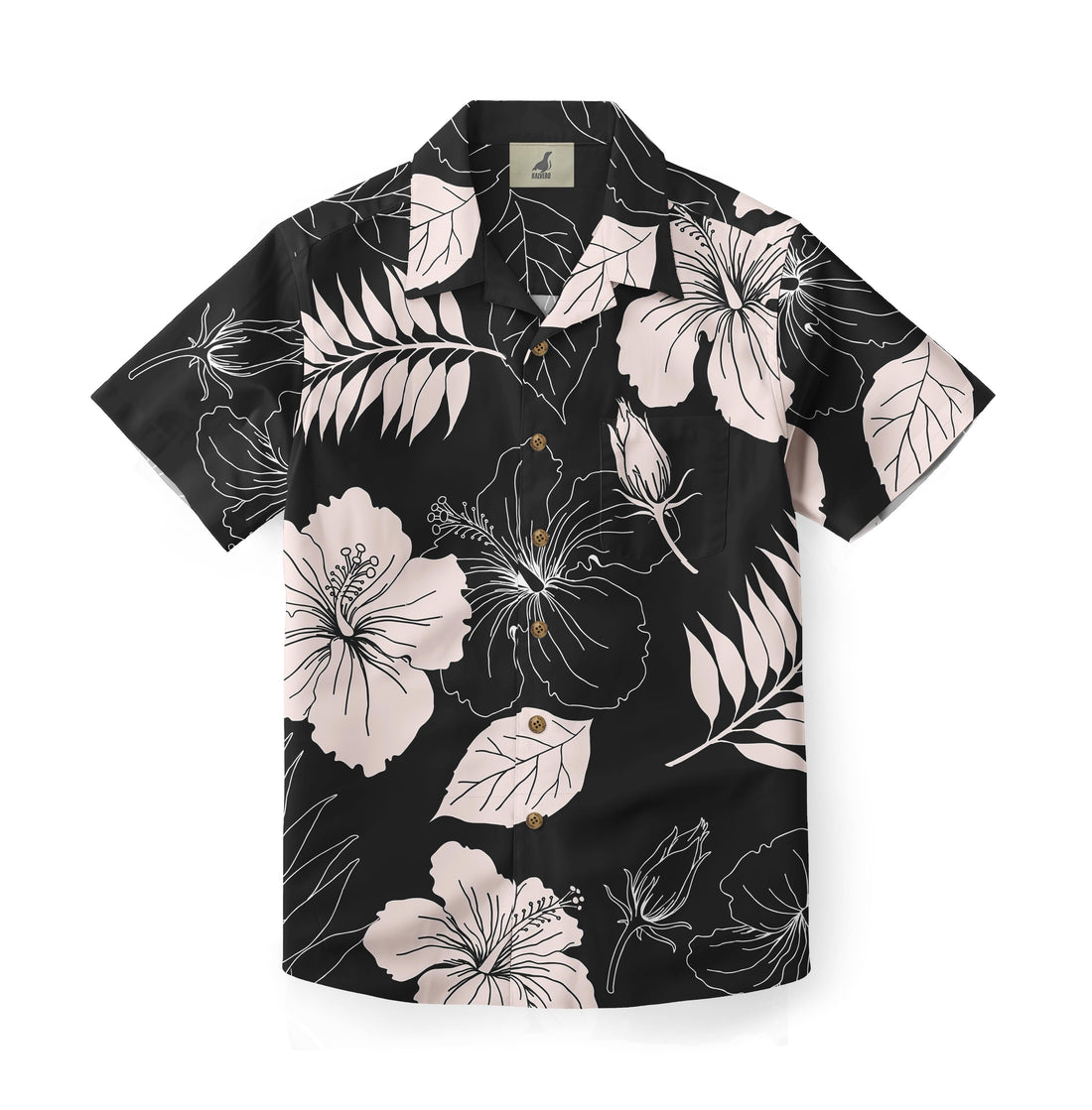 Black shirt with white floral pattern.