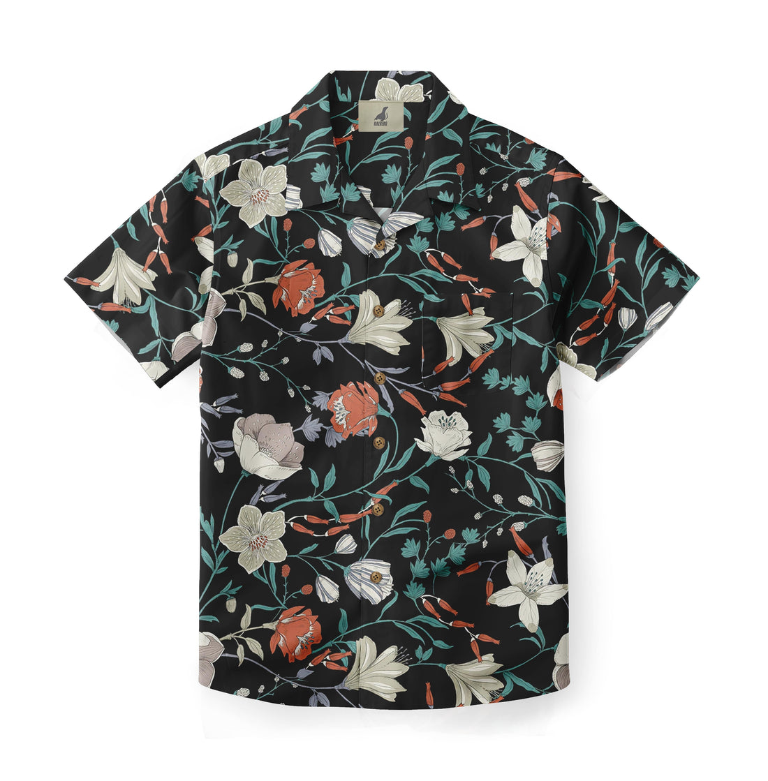 Black shirt with white and orange floral pattern.