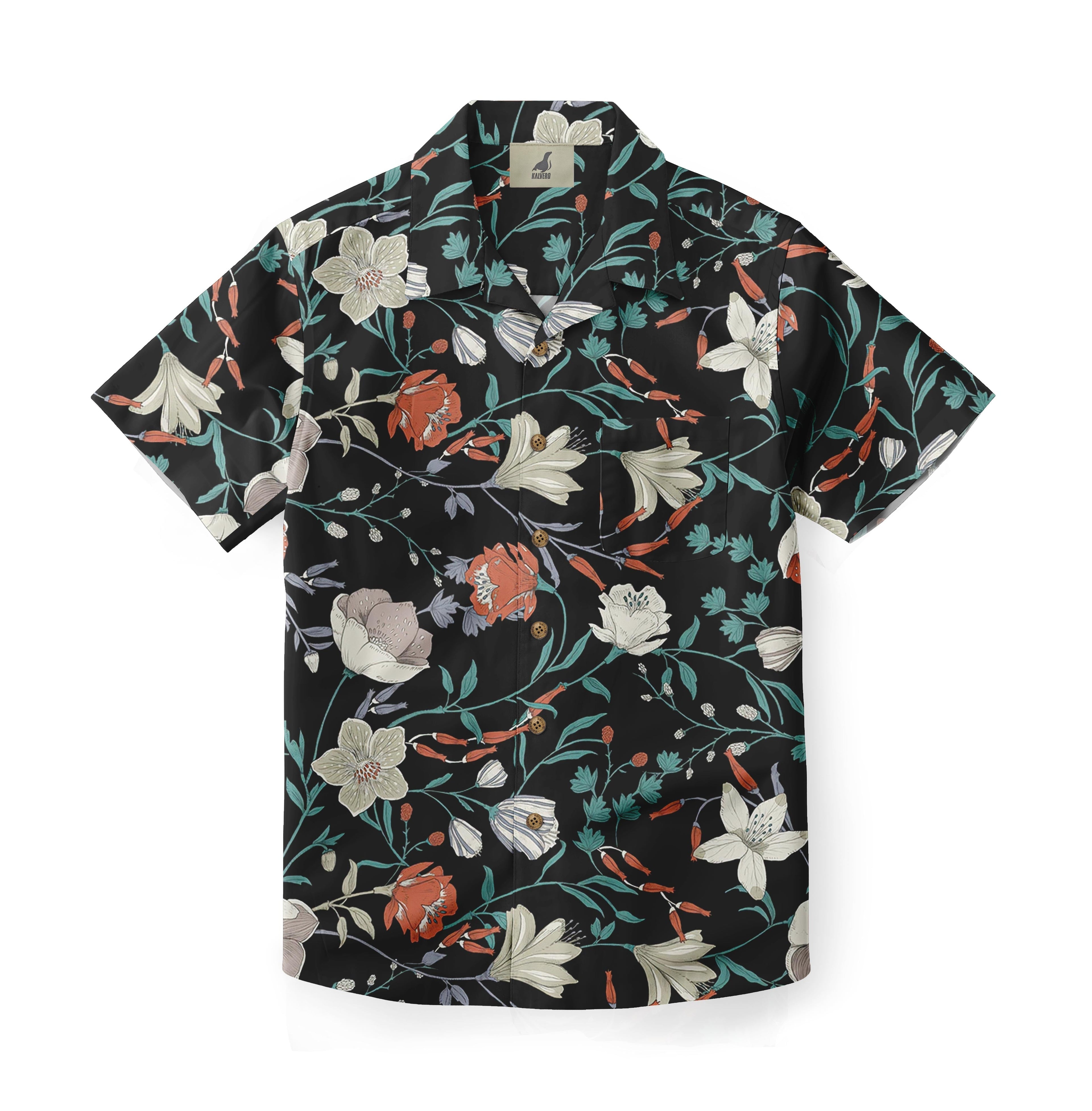 Black shirt with white and orange floral pattern.