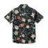 Black shirt with white and orange floral pattern.