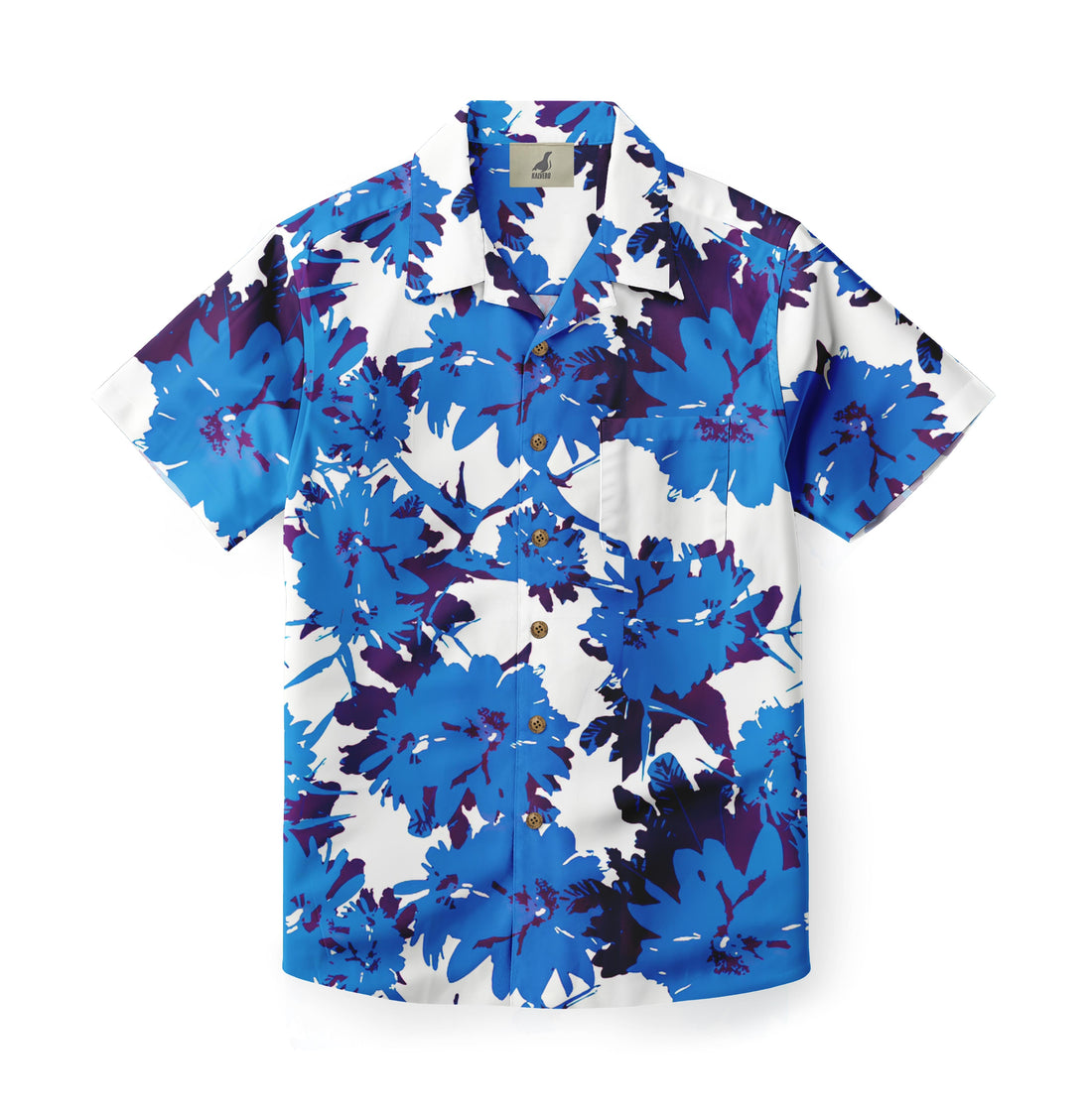 Blue floral short-sleeve shirt with white background.