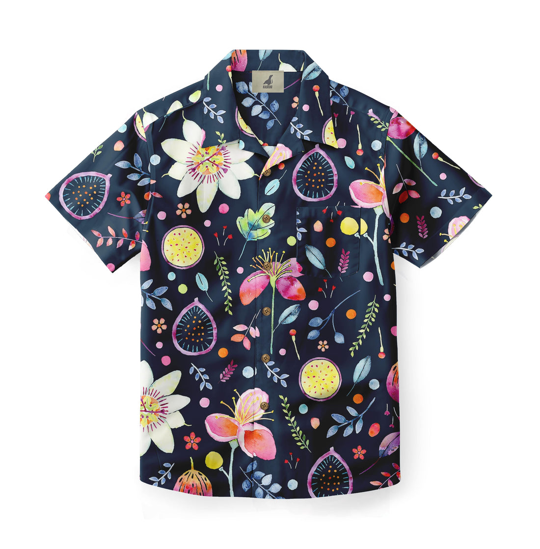 Dark blue shirt with colorful floral and fruit print.