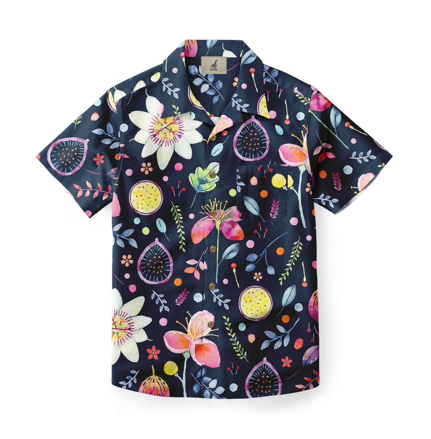 Dark blue shirt with colorful floral and fruit print.