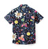 Dark blue shirt with colorful floral and fruit print.