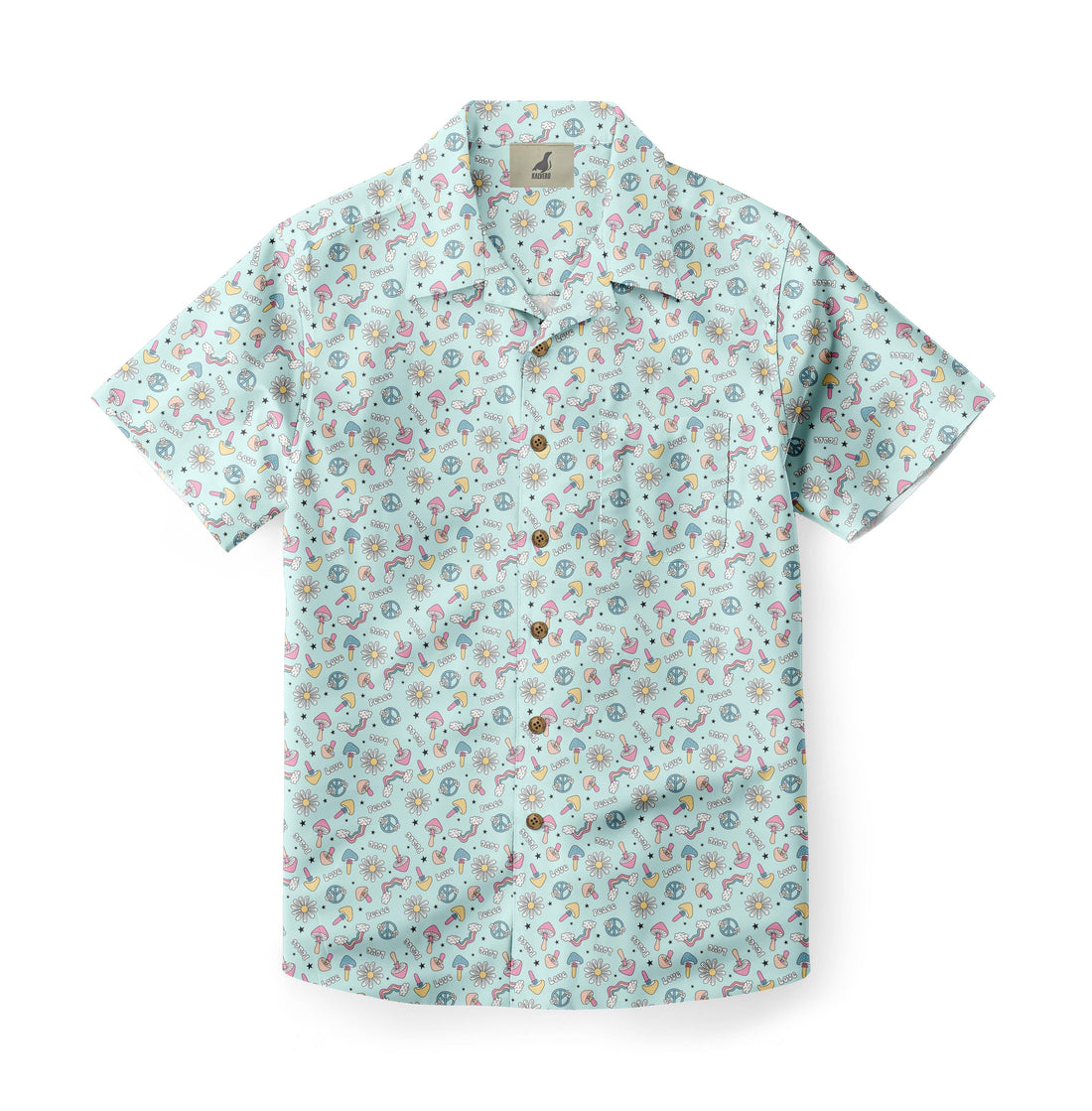 Light blue shirt with colorful peace signs, mushrooms, and stars.