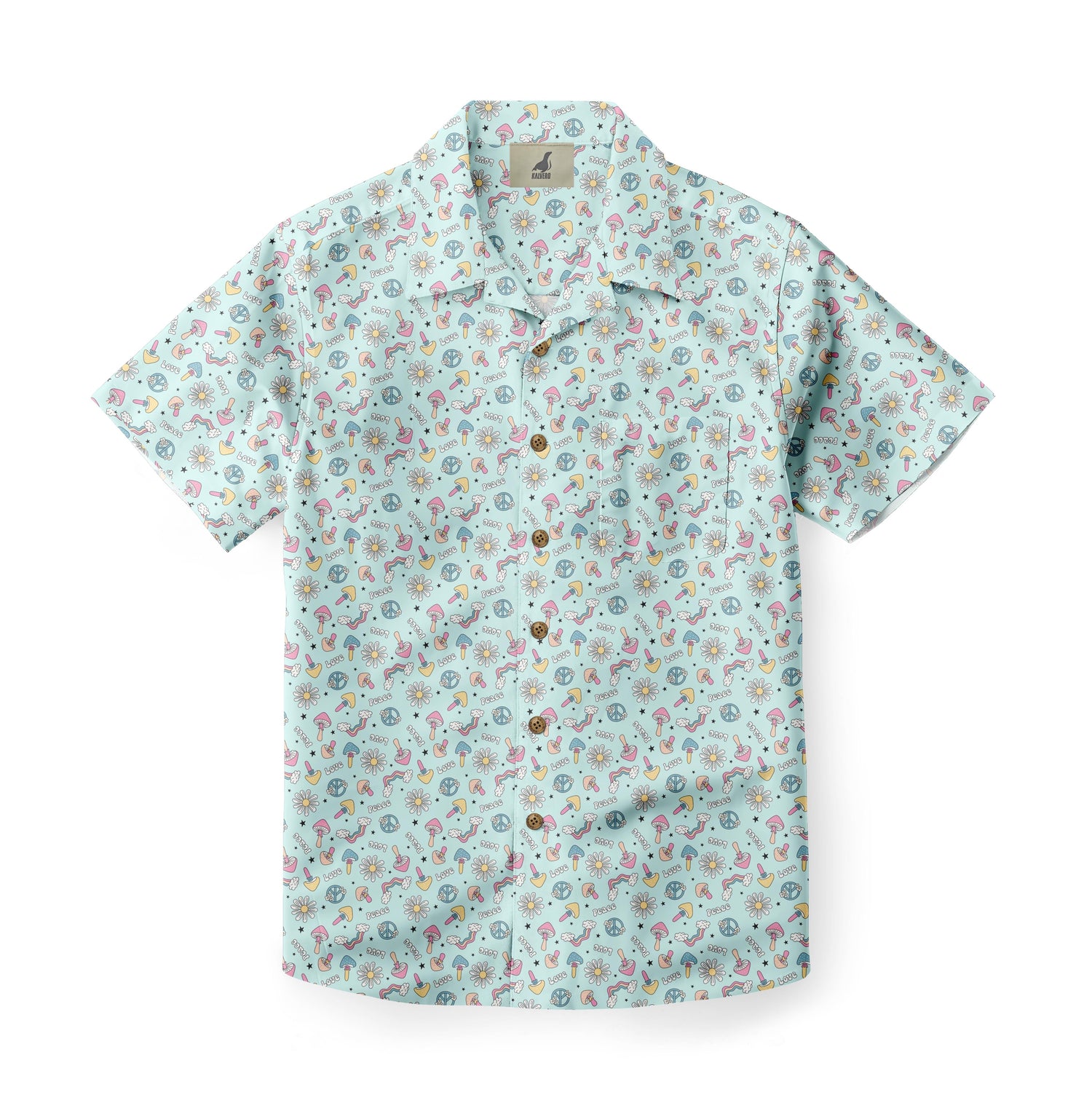 Light blue shirt with colorful peace signs, mushrooms, and stars.