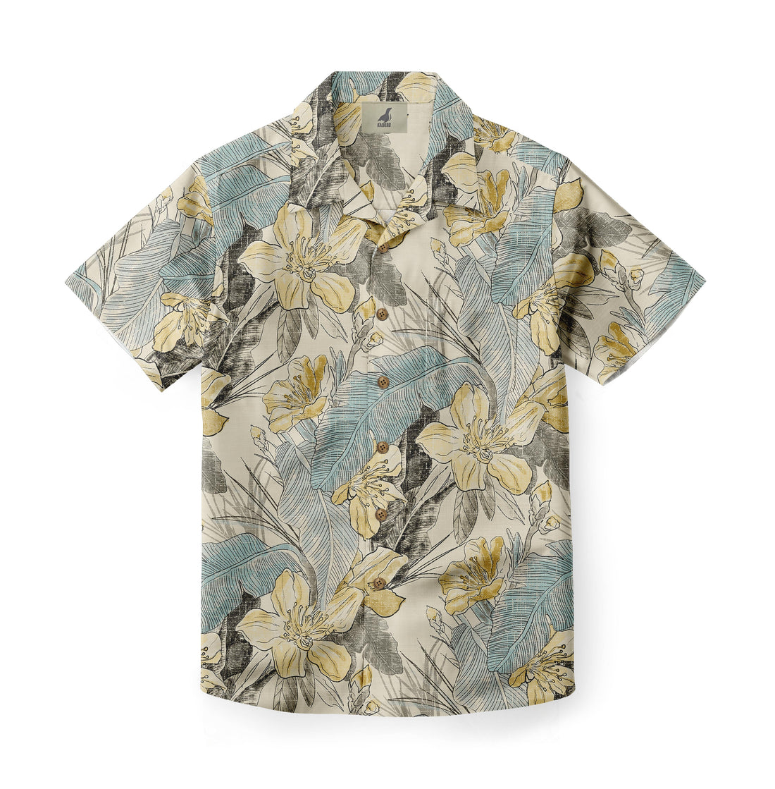 A tropical floral shirt with yellow flowers, blue and gray leaves.