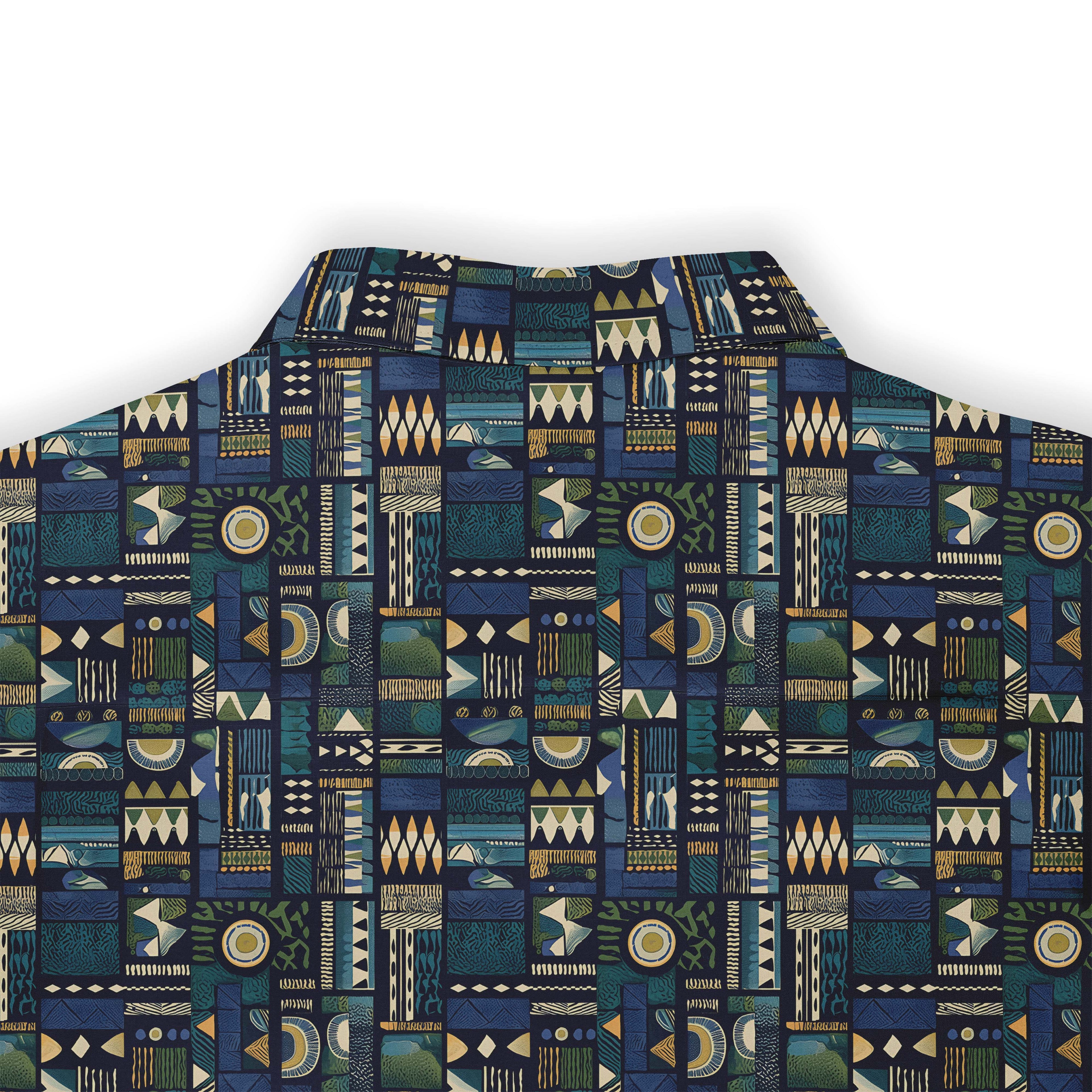 Colorful geometric patterned fabric, dark blue background.