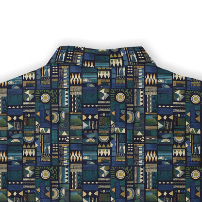 Colorful geometric patterned fabric, dark blue background.