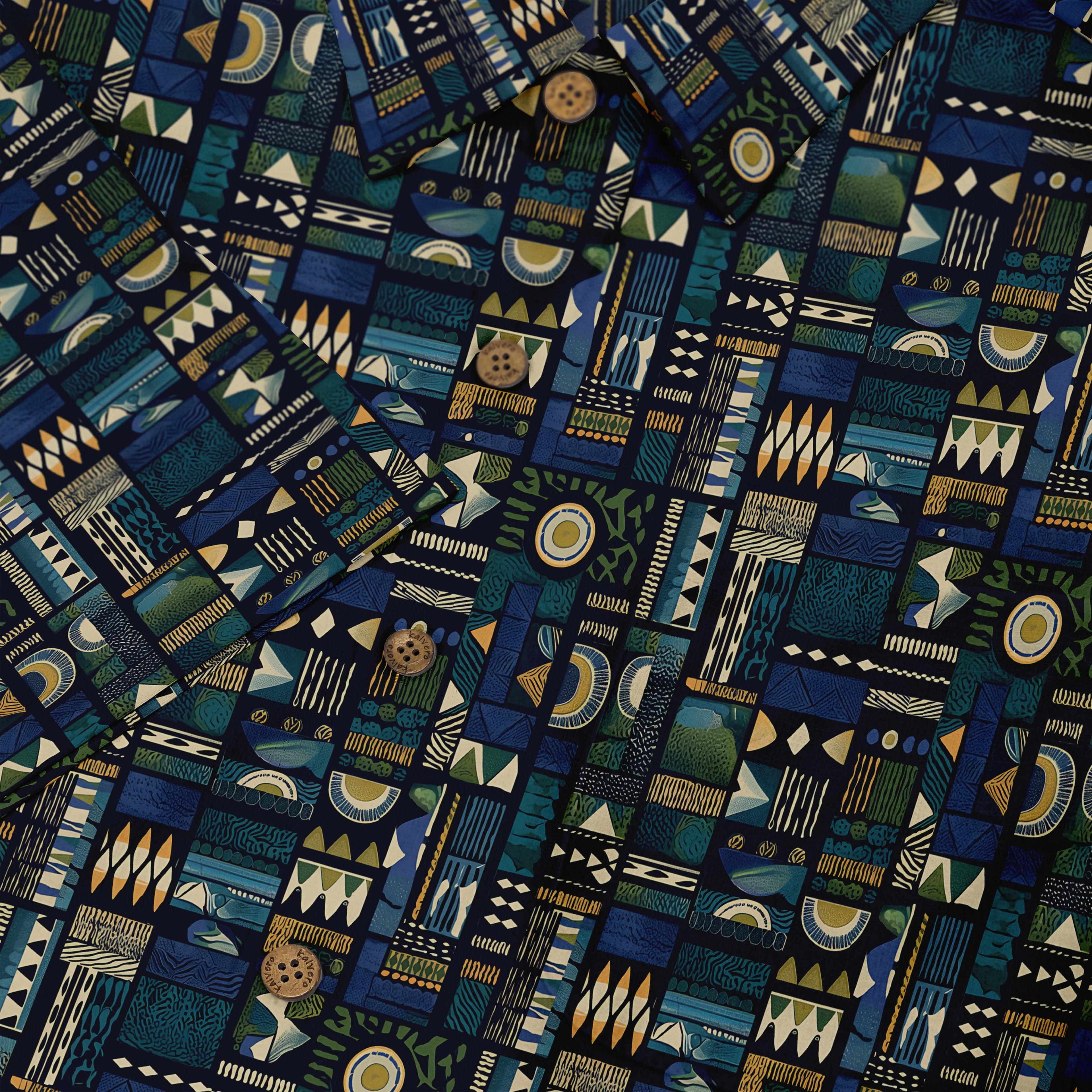 Blue patterned fabric with geometric designs and buttons.