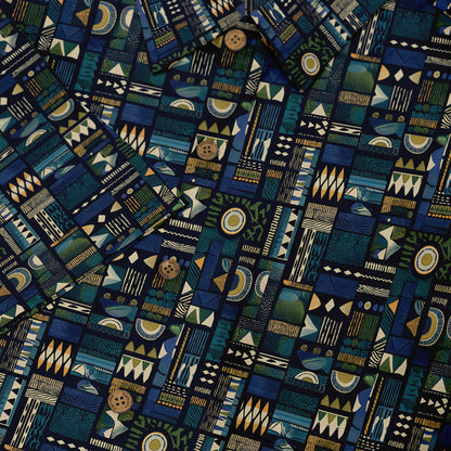 Blue patterned fabric with geometric designs and buttons.