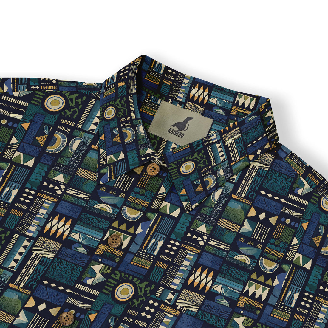 Colorful geometric pattern shirt with buttons and logo tag.