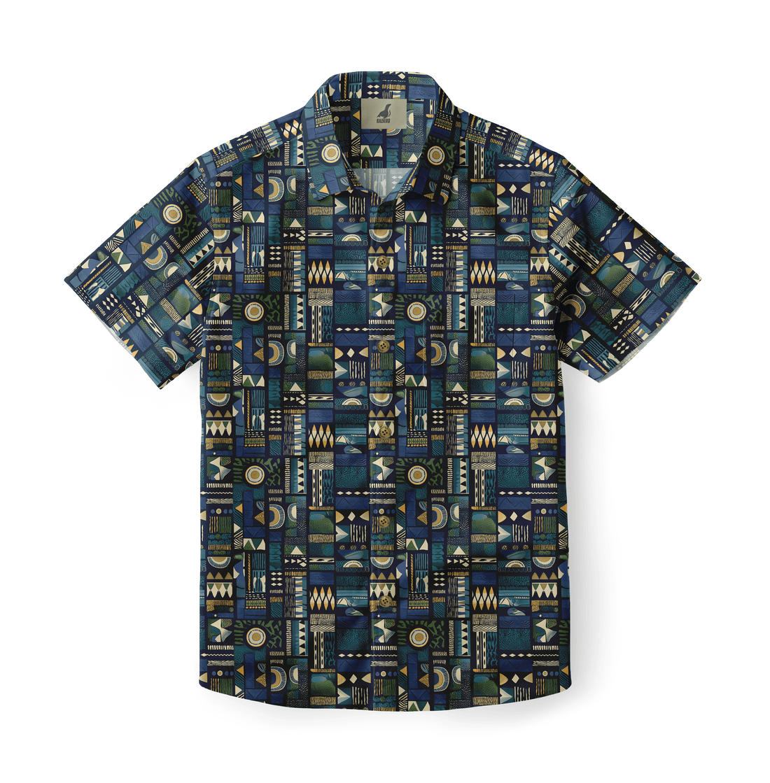 A short-sleeved shirt with an intricate geometric pattern in deep blues, greens, and golds.