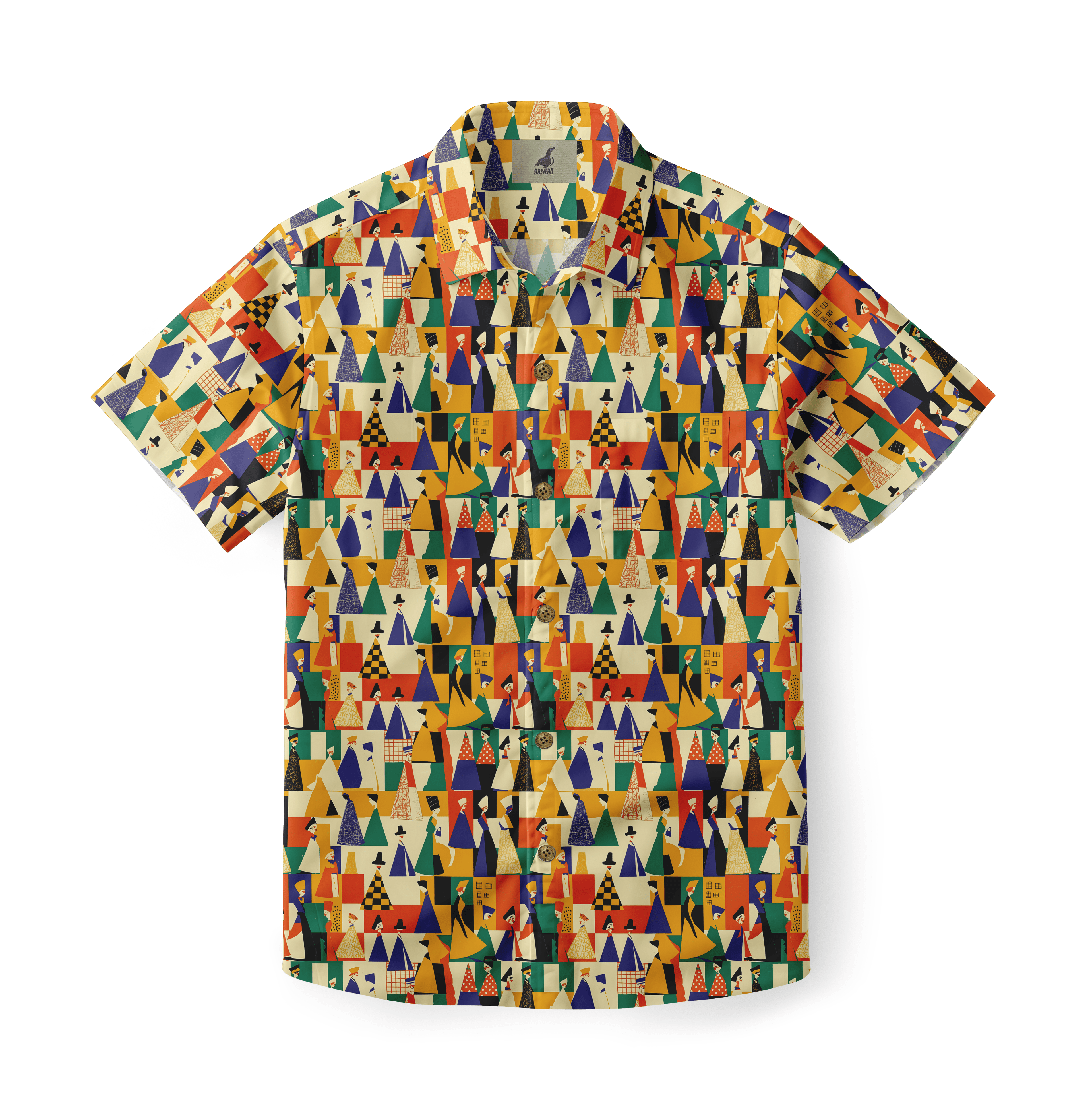 Shirt featuring a vibrant geometric pattern with human figures integrated within abstract triangular shapes.