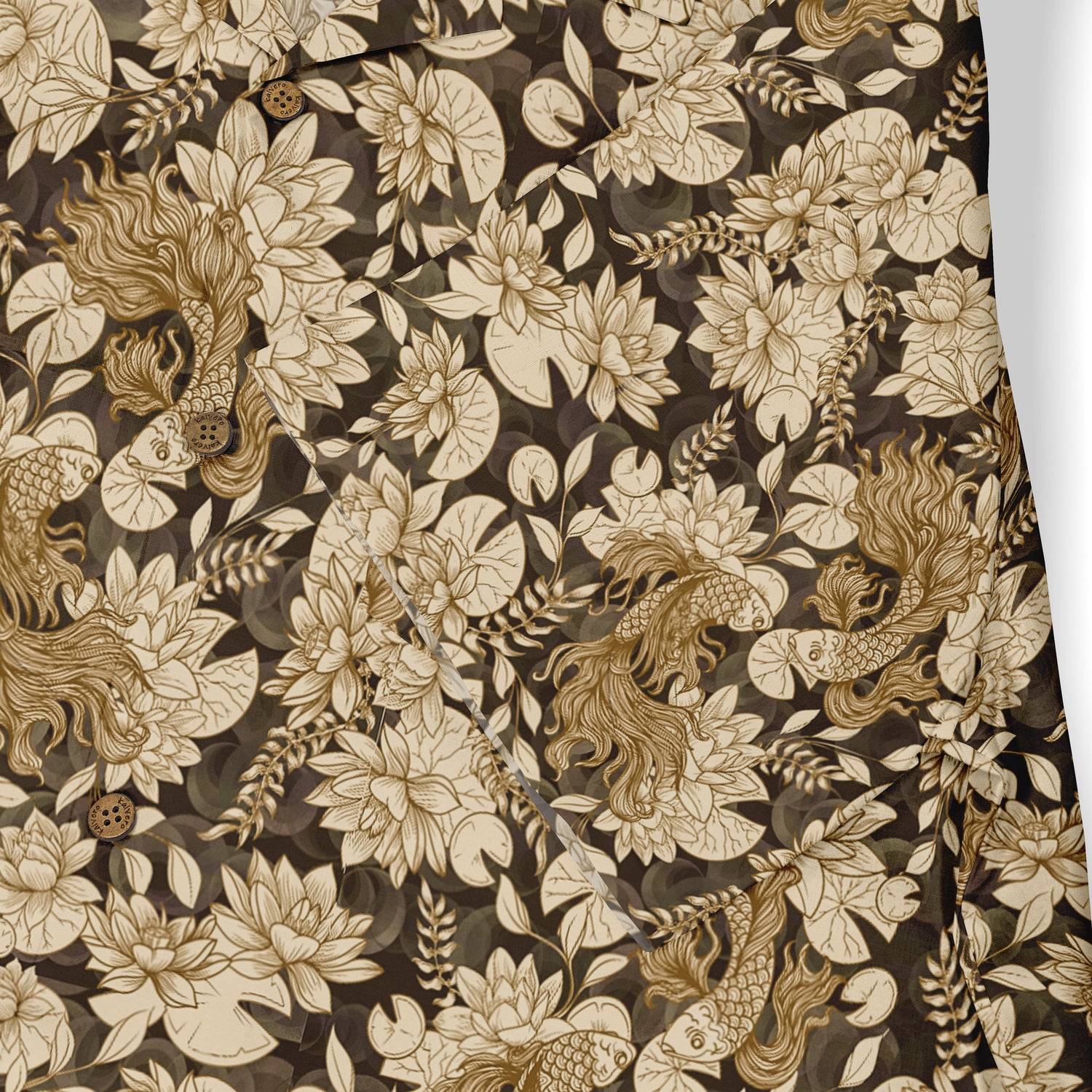 Hawaiian shirt with a dark background featuring intricate light-colored floral and fish patterns, creating an elegant and nature-inspired design.