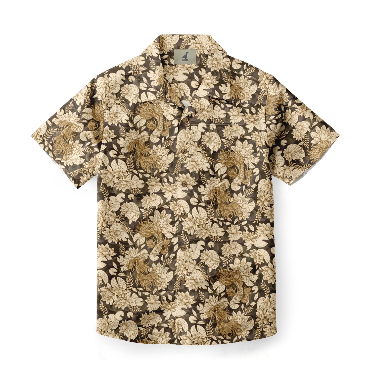 Front view of a Hawaiian shirt featuring a detailed floral pattern in shades of beige and brown on a dark background, creating a vintage and elegant look.