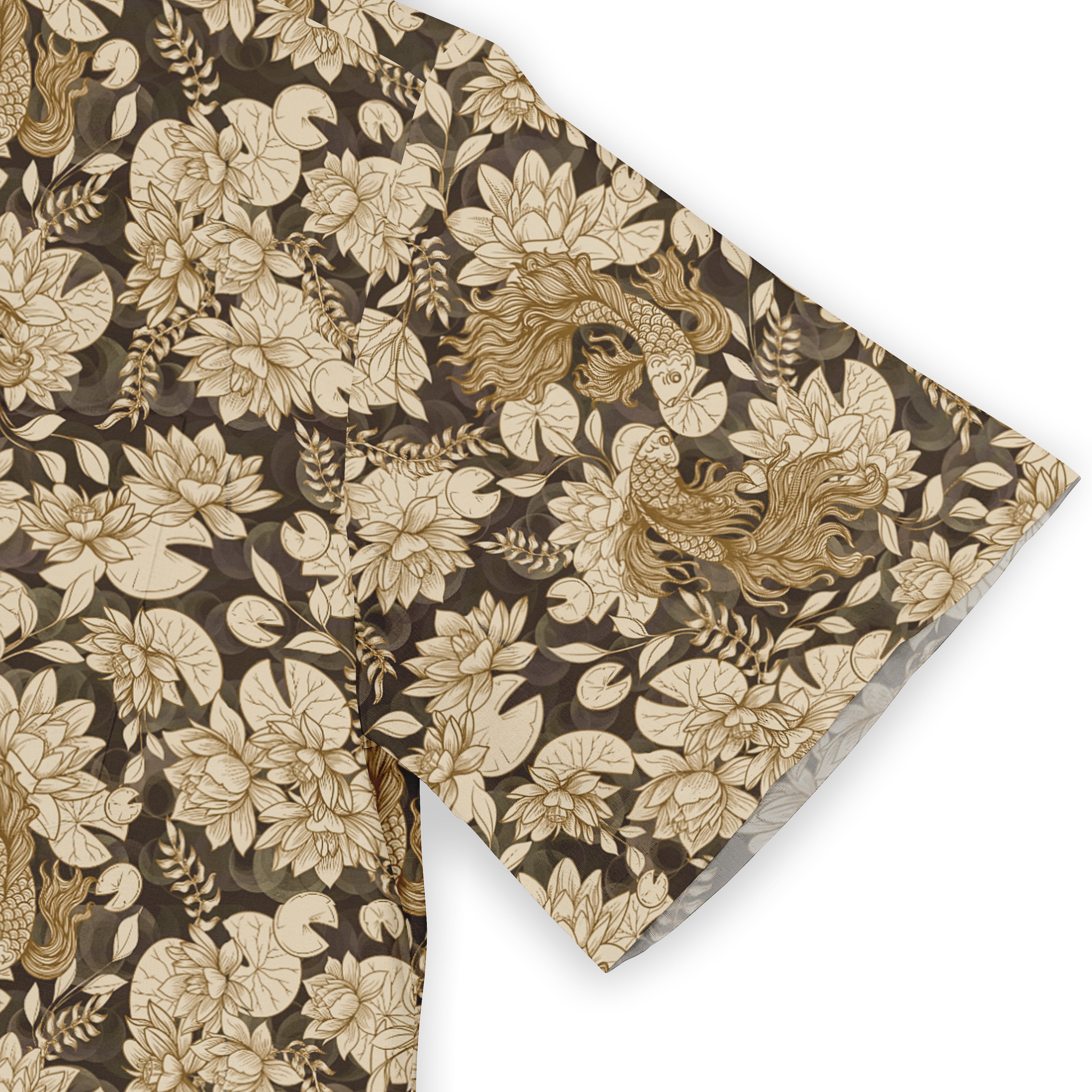 Hawaiian shirt with a dark background featuring light-colored floral and fish patterns.