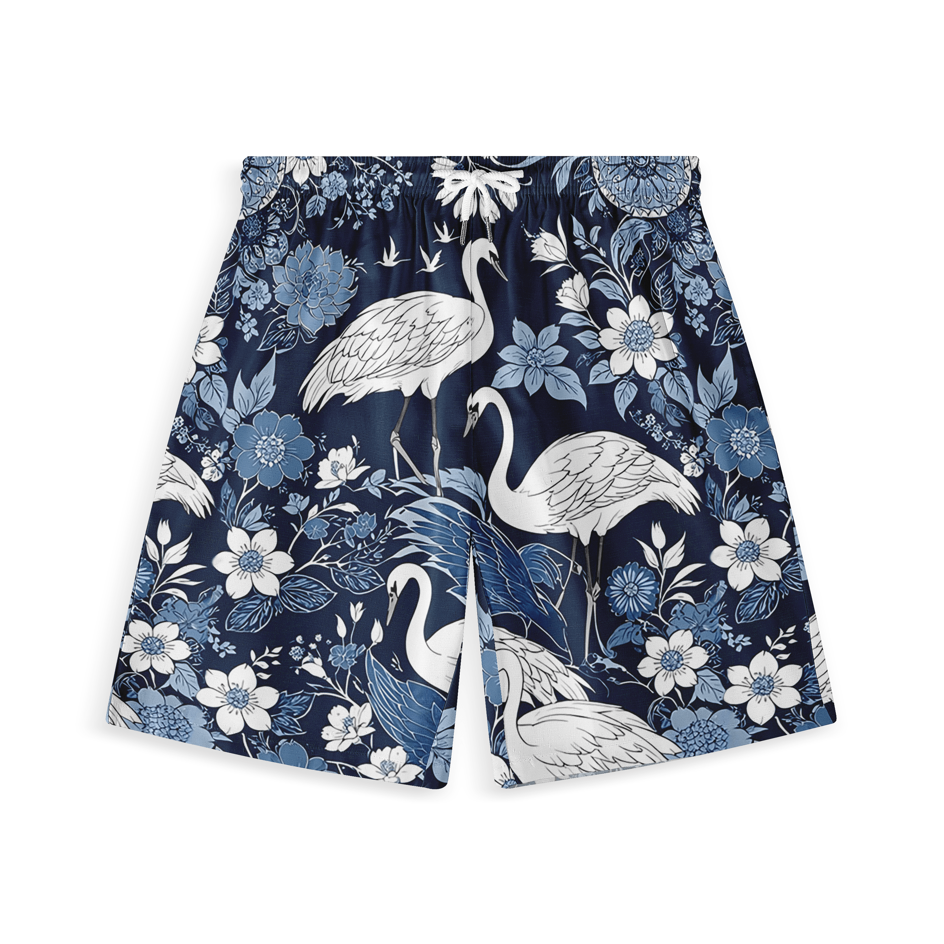 Blue shorts featuring a detailed design of white cranes and intricate floral patterns in shades of blue and white.