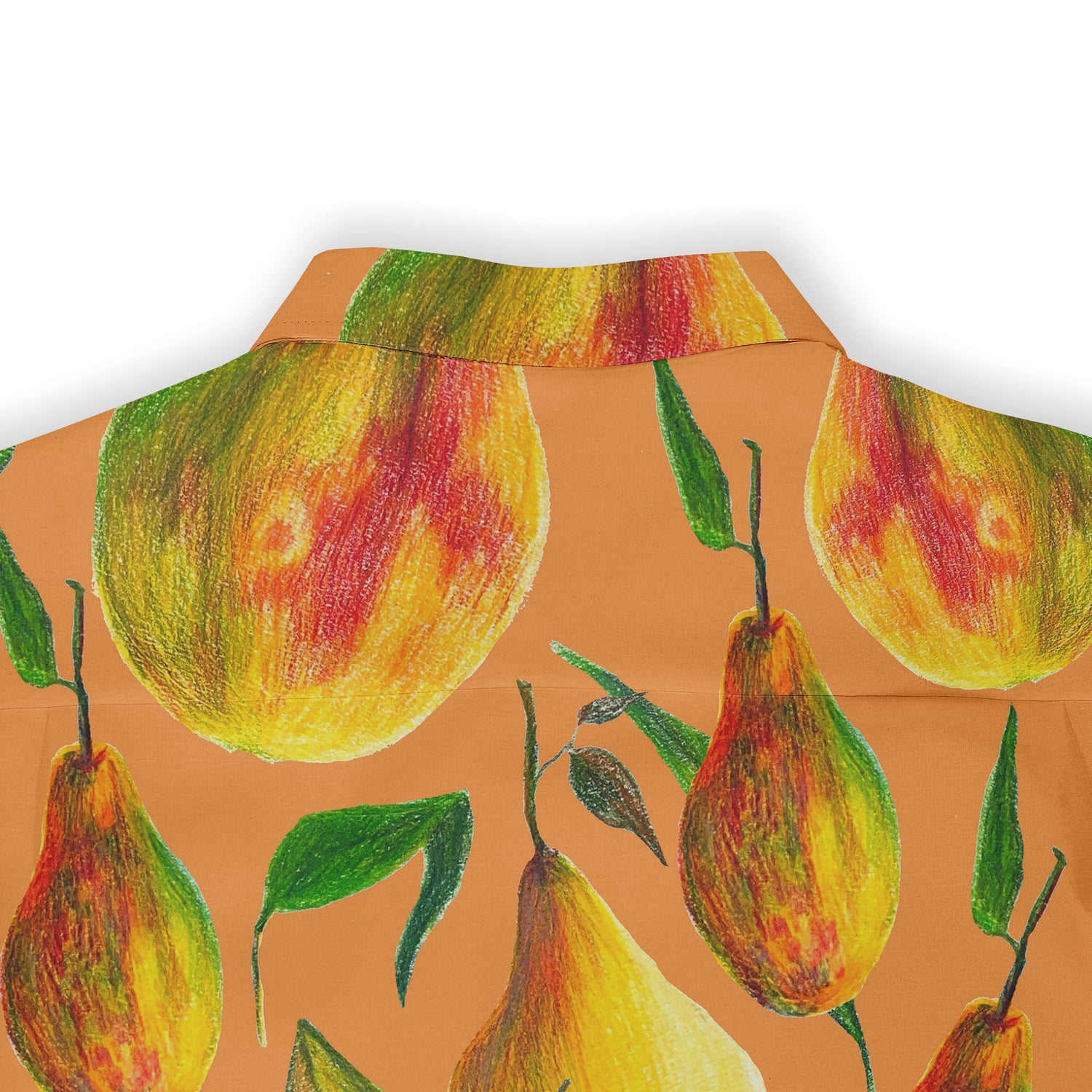 Back view of a Hawaiian shirt featuring a colorful pear design on an orange background.