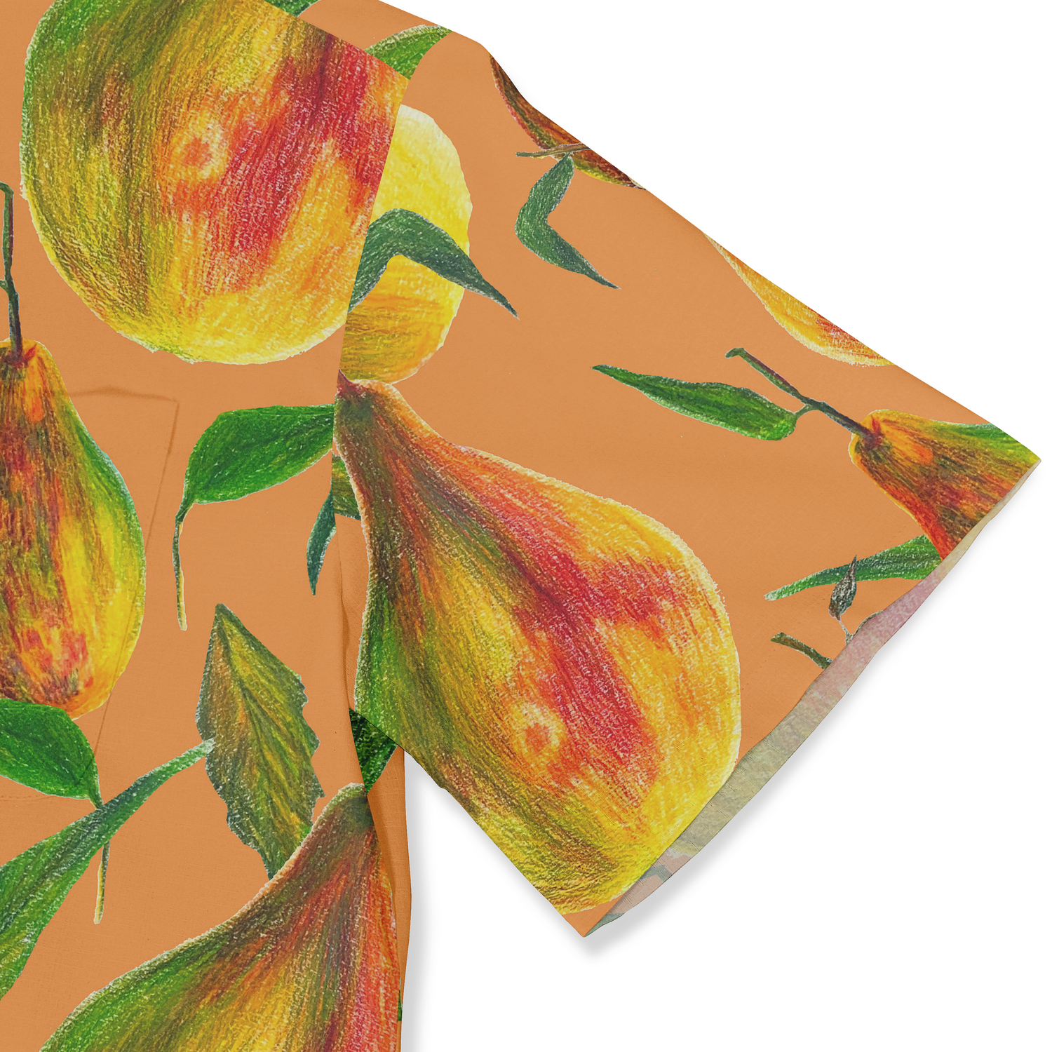 Close-up view of the sleeve of a Hawaiian shirt featuring a vibrant pear and leaf design on an orange background. The detailed image showcases the vivid colors and artistic rendering of the fruit pattern, highlighting the playful and lively aesthetic of the shirt.