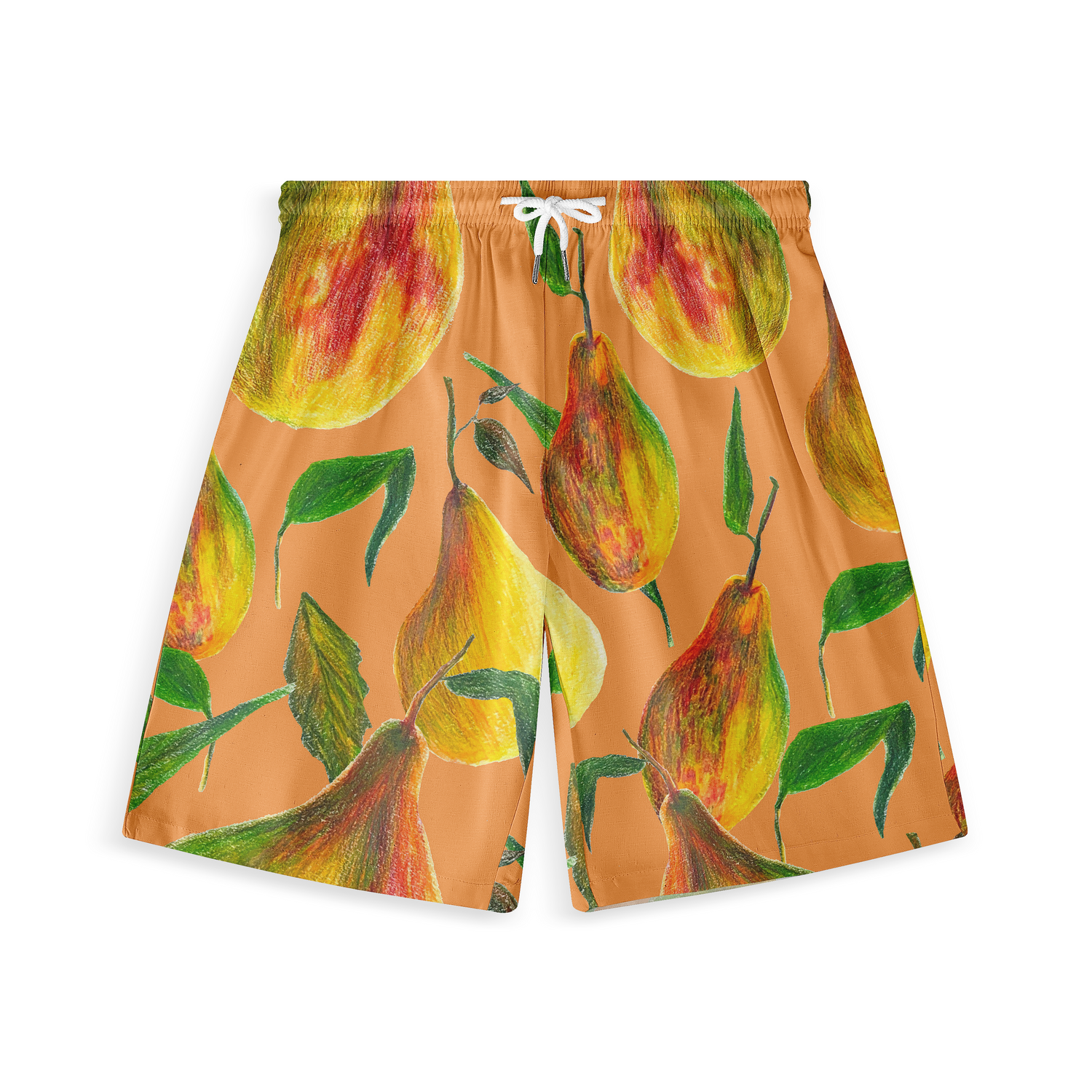 Front view of shorts featuring a vibrant pear design in various colors on an orange background, with a white drawstring.