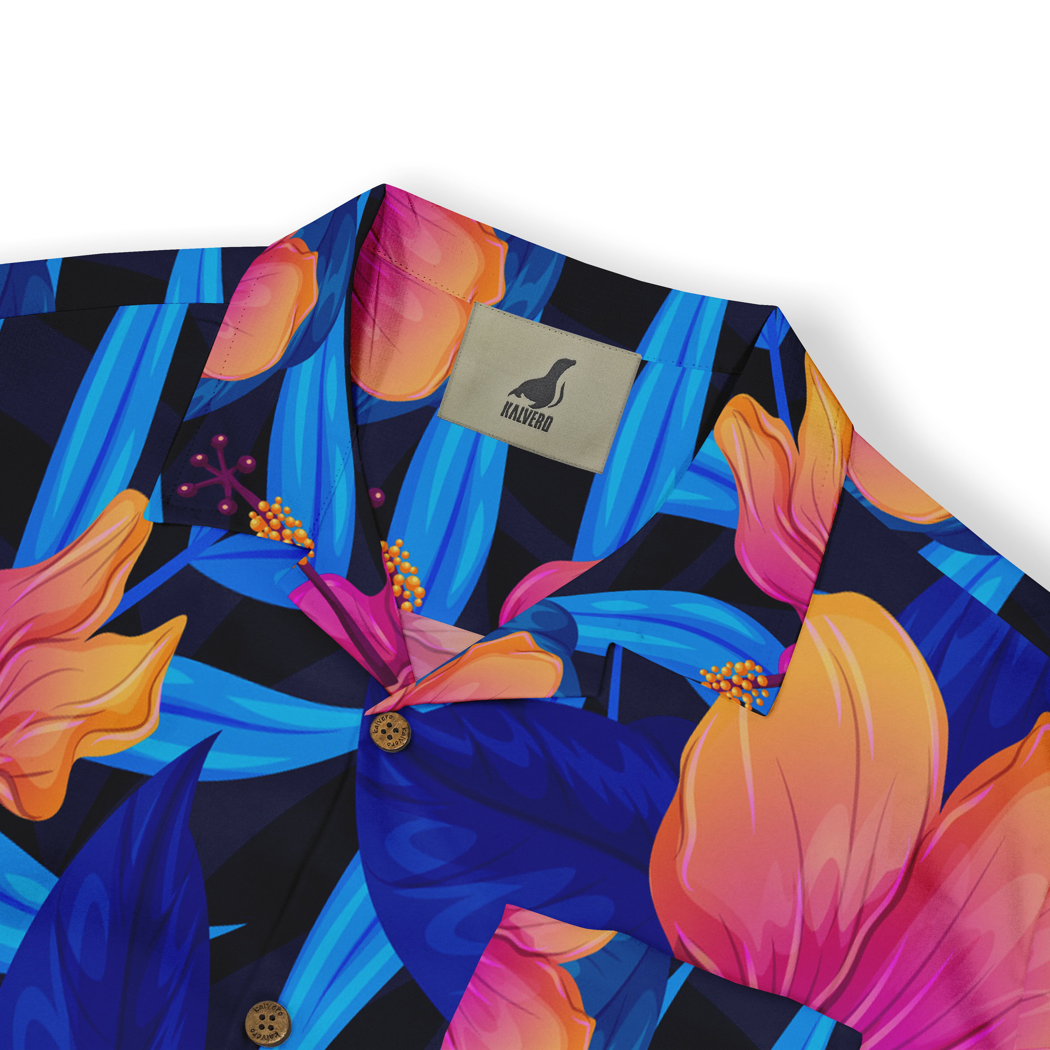 This image shows a vibrant floral Hawaiian shirt with bold blue and pink flowers on a dark background.