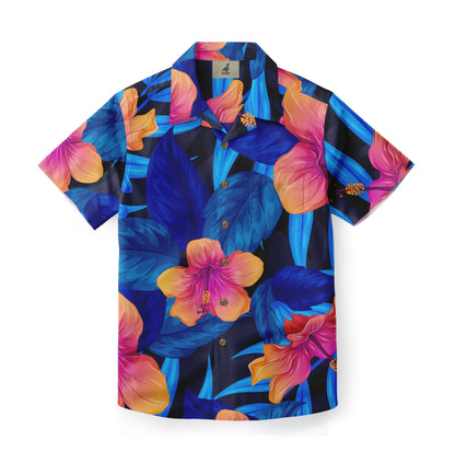 A Hawaiian shirt featuring a vibrant floral design with bold blue and pink flowers and leaves on a dark background, creating a striking and colorful tropical look.