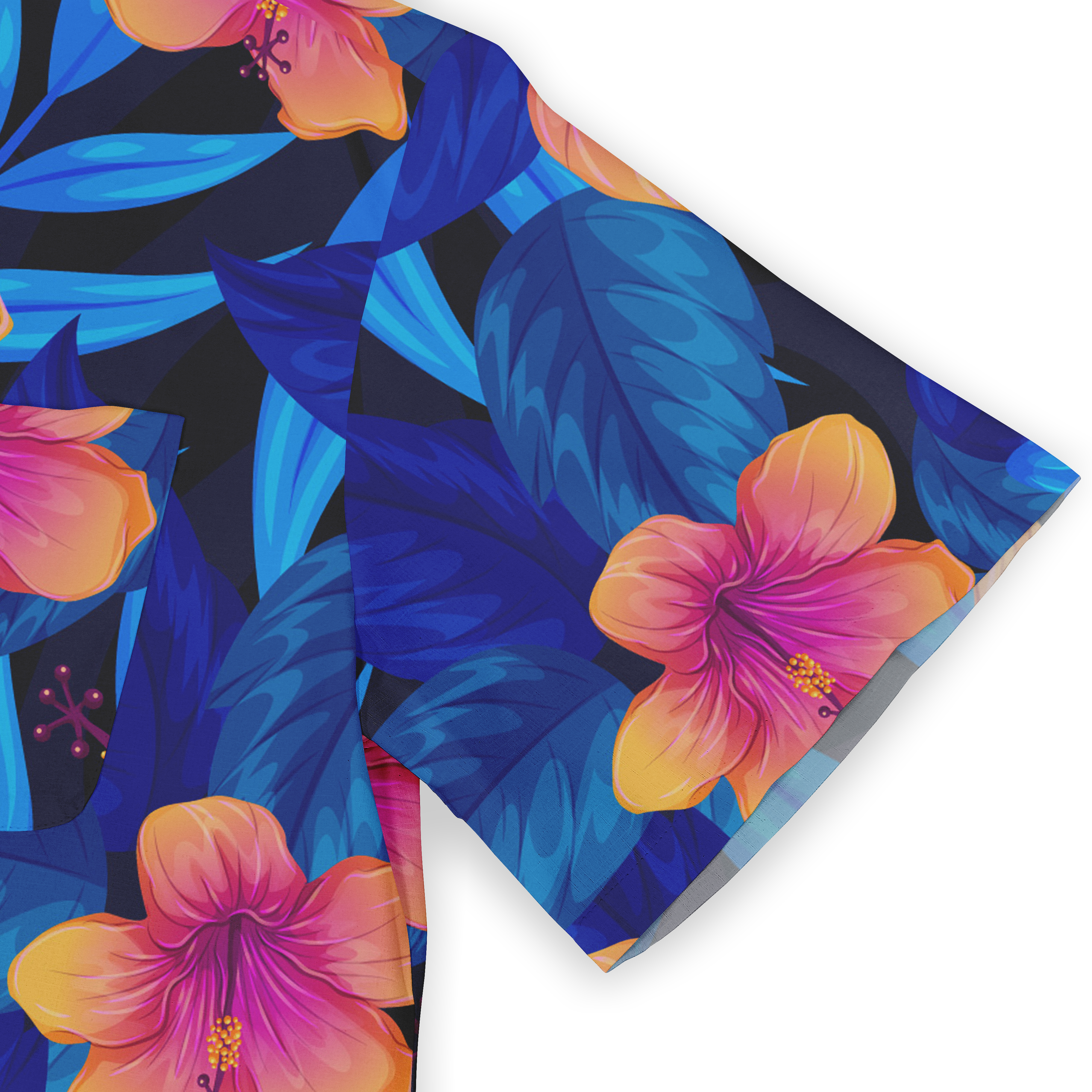 This image displays a close-up of a Hawaiian shirt sleeve featuring a vivid floral design with striking blue leaves and pink flowers on a dark background. The colors are bold and eye-catching, giving the shirt a tropical and vibrant look.