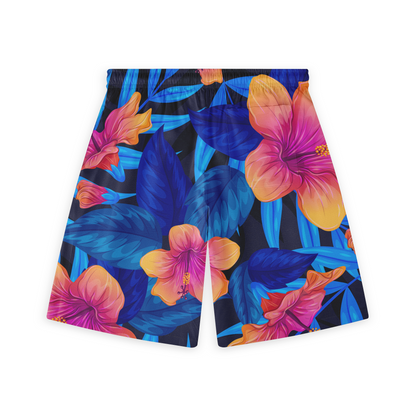 Brighten up your wardrobe with these tropical shorts featuring vibrant blue leaves and bold flowers in striking colors. Perfect for a standout summer look!