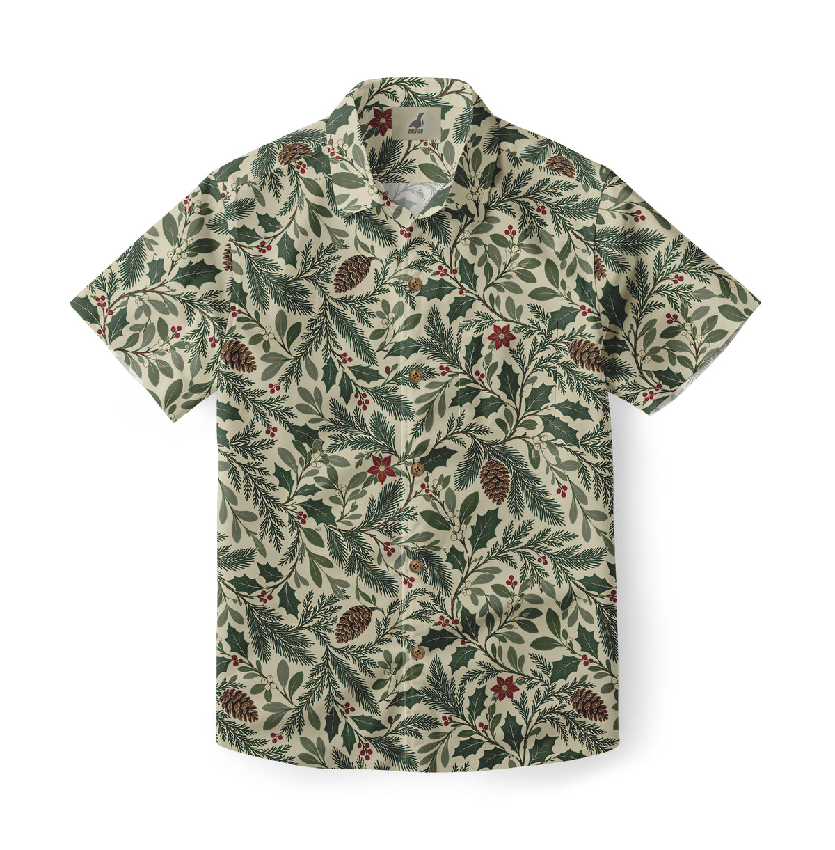 Ivory Pinecone Holly Hawaiian Shirt with green holly leaves, pine sprigs, pinecones and red berries on ivory, front view