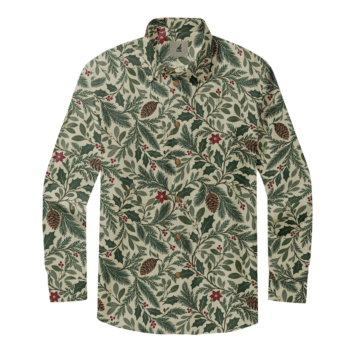 Ivory Pinecone Holly Long Sleeve Shirt with green holly leaves, pine sprigs, pinecones and red berries on ivory, front view