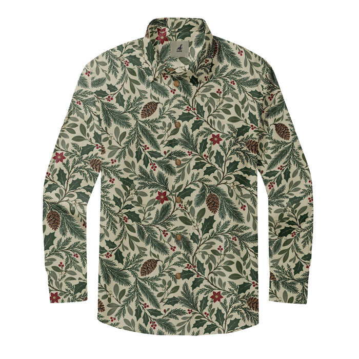 Ivory Pinecone Holly Long Sleeve Shirt with green holly leaves, pine sprigs, pinecones and red berries on ivory, front view