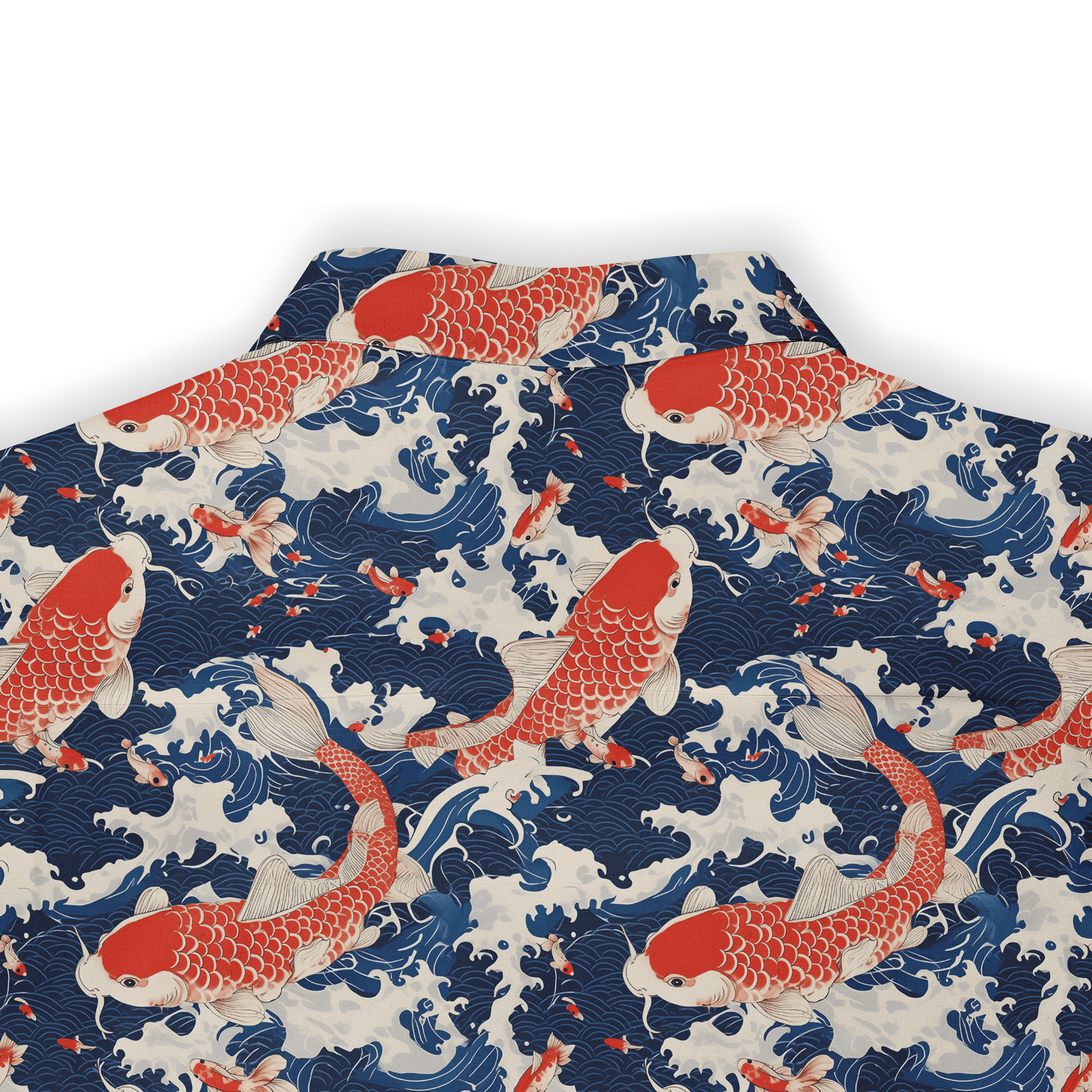 Shirt with koi fish and swirling water patterns in red, blue, and white. back view