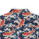 Red koi fish on blue wave fabric pattern.