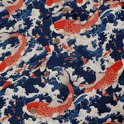 Red koi fish on blue waves fabric pattern.