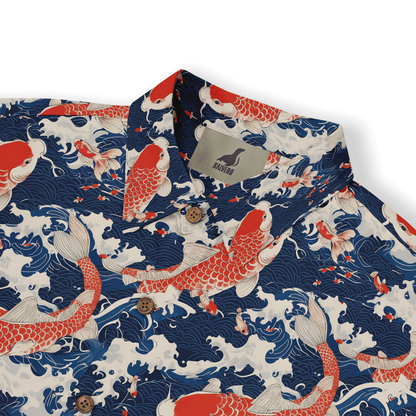 Shirt with koi fish and swirling water patterns in red, blue, and white. front view