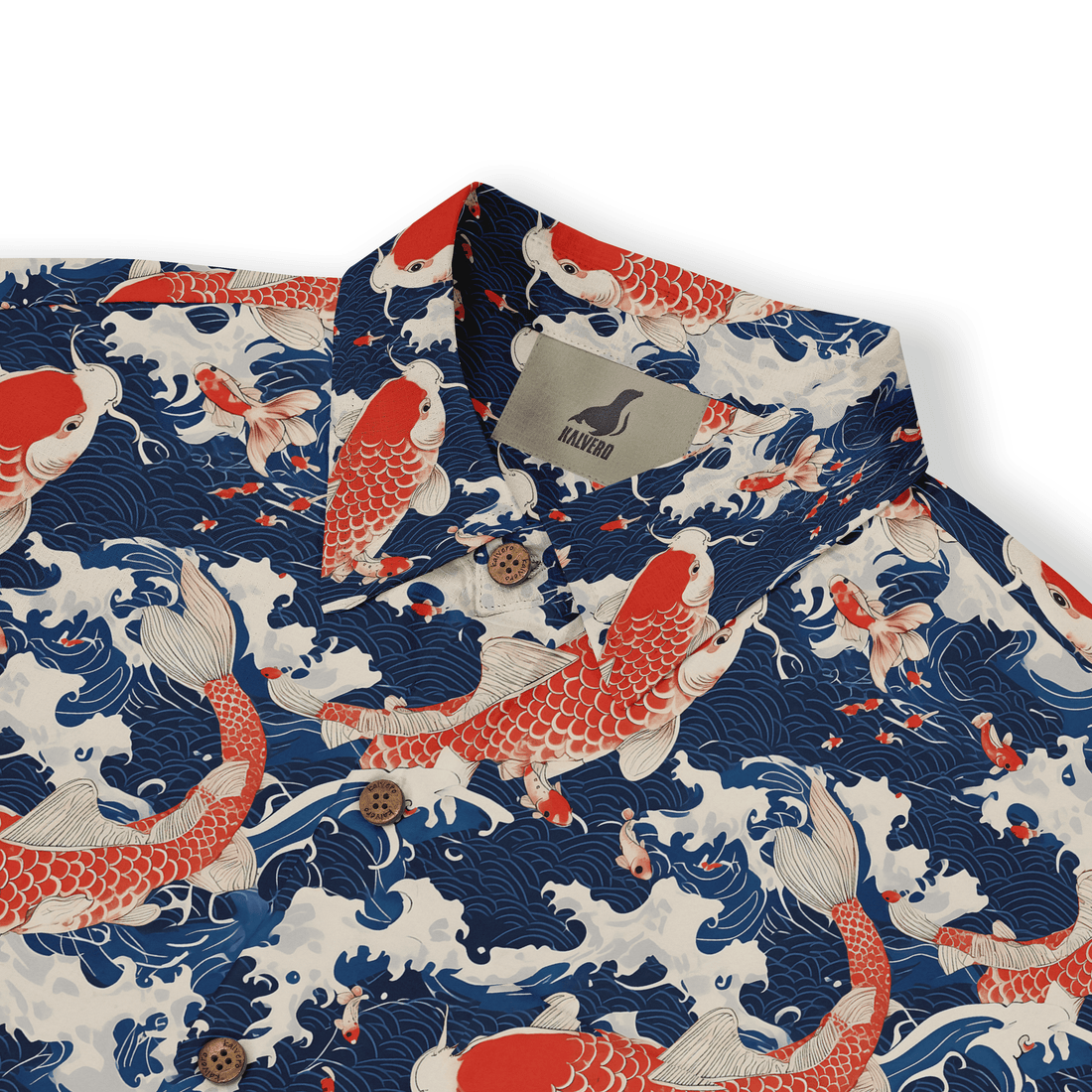 Red koi fish on blue waves pattern shirt with buttons.