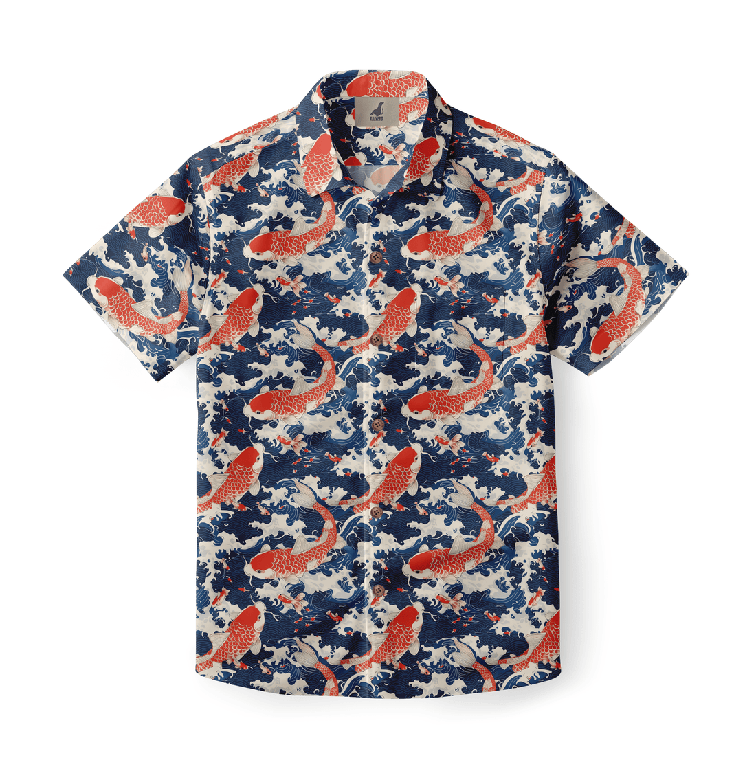 Shirt with koi fish and swirling water patterns in red, blue, and white.