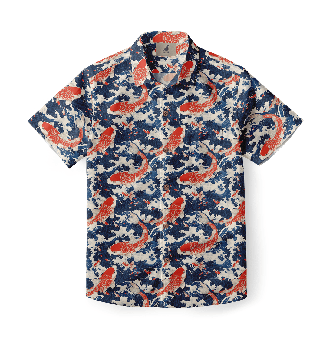 Blue shirt with red koi fish and wave pattern.