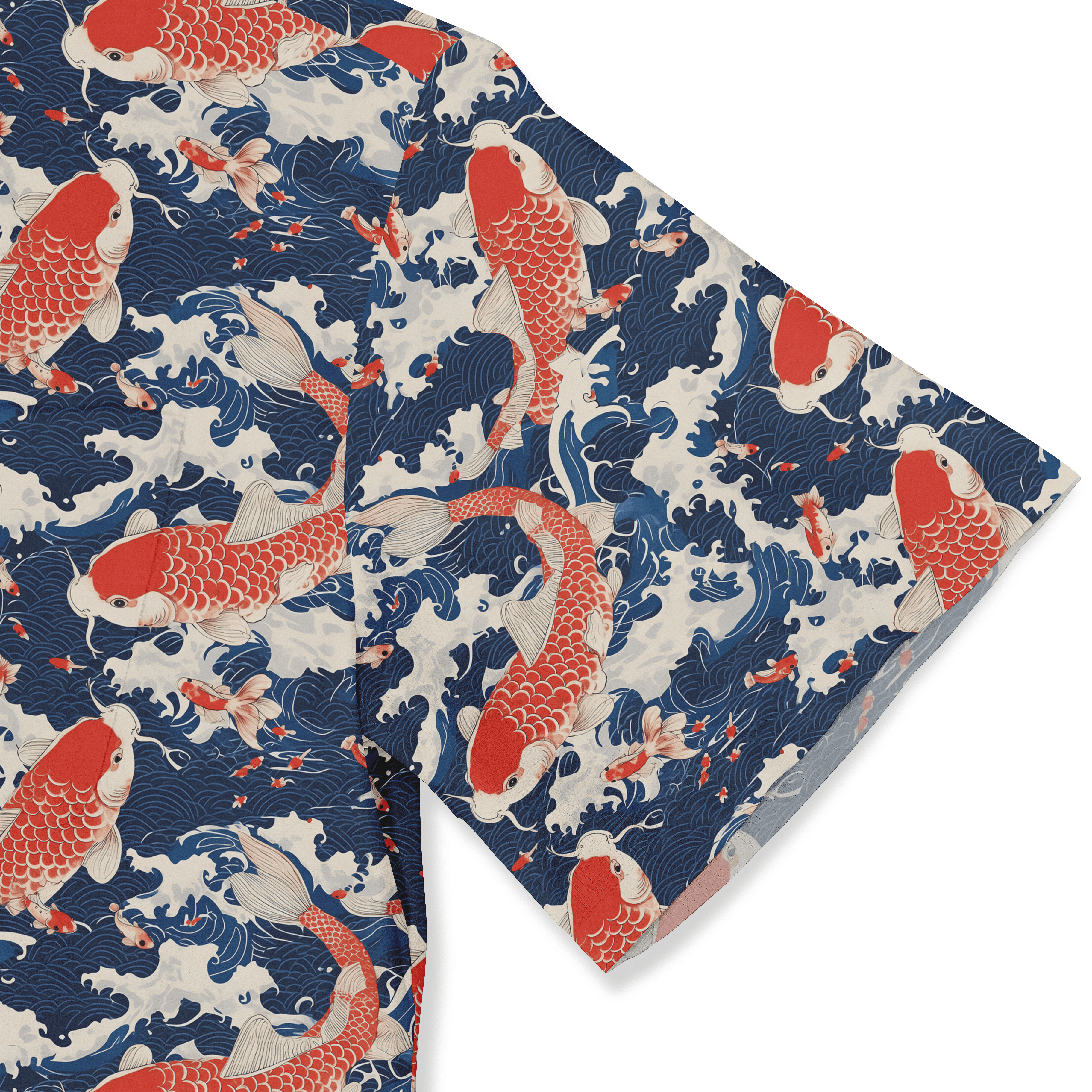 Shirt with koi fish and swirling water patterns in red, blue, and white. close-up