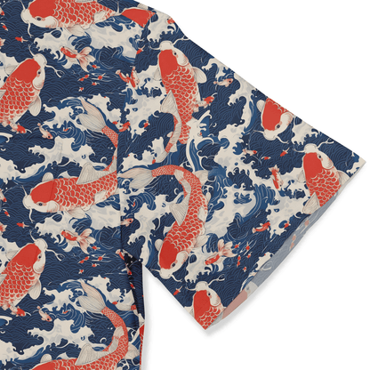 A vibrant fabric featuring red koi fish swimming in blue waves.