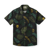 A sleek black Hawaiian shirt featuring a vibrant leaf pattern in shades of green and yellow, perfect for adding a touch of tropical flair to any casual outfit.