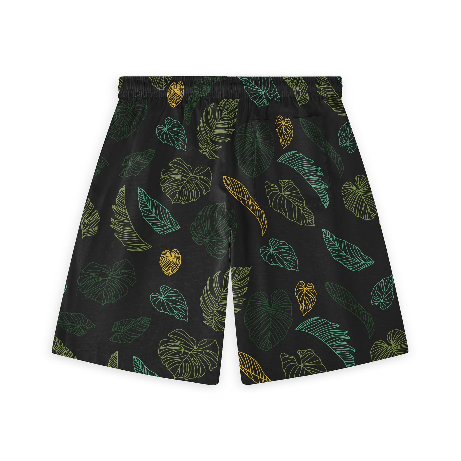 The back view of these shorts showcases the same vibrant leaf pattern, providing a seamless and stylish look from every angle. Perfect for any casual outing.