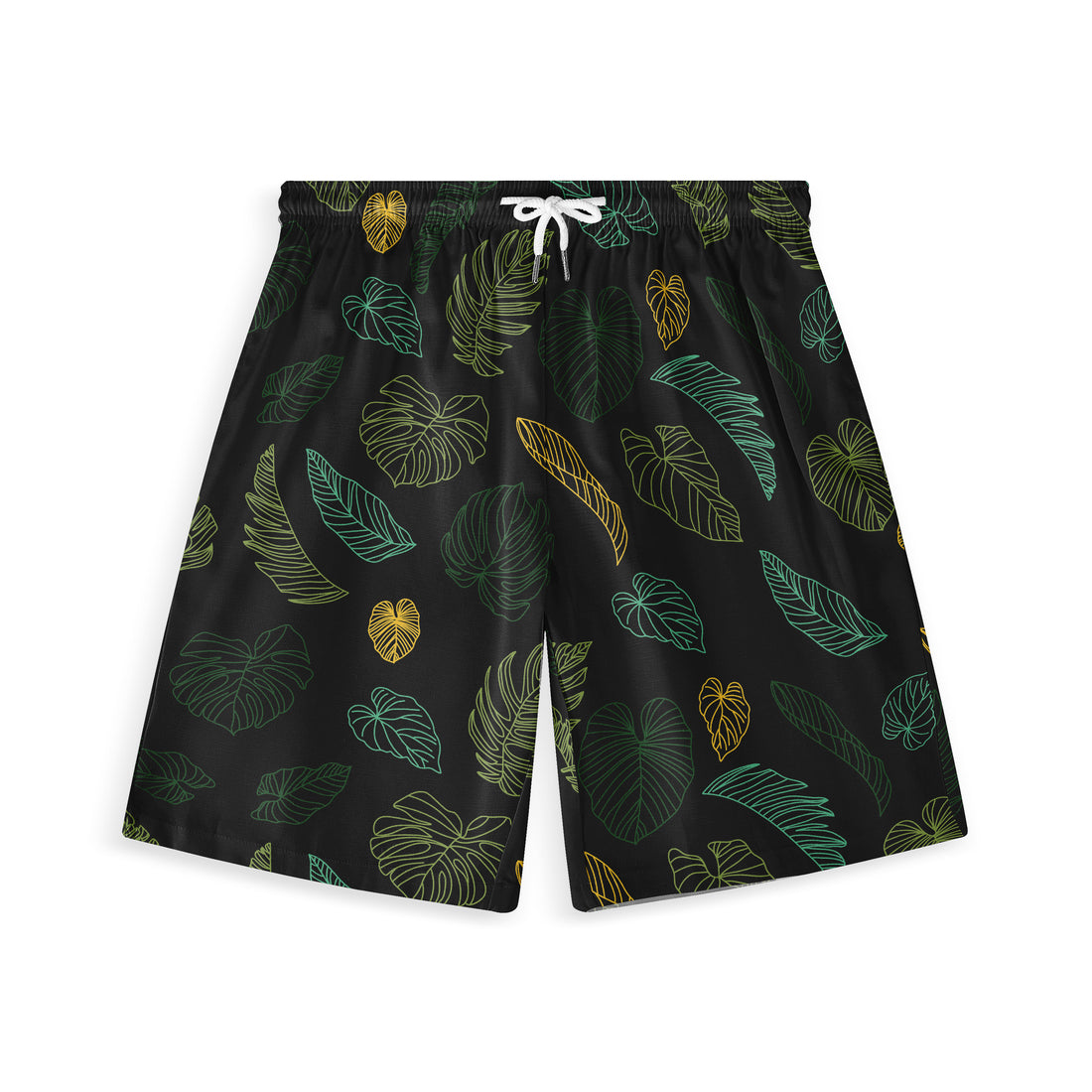 Black swim shorts with vibrant green and yellow leaf patterns.