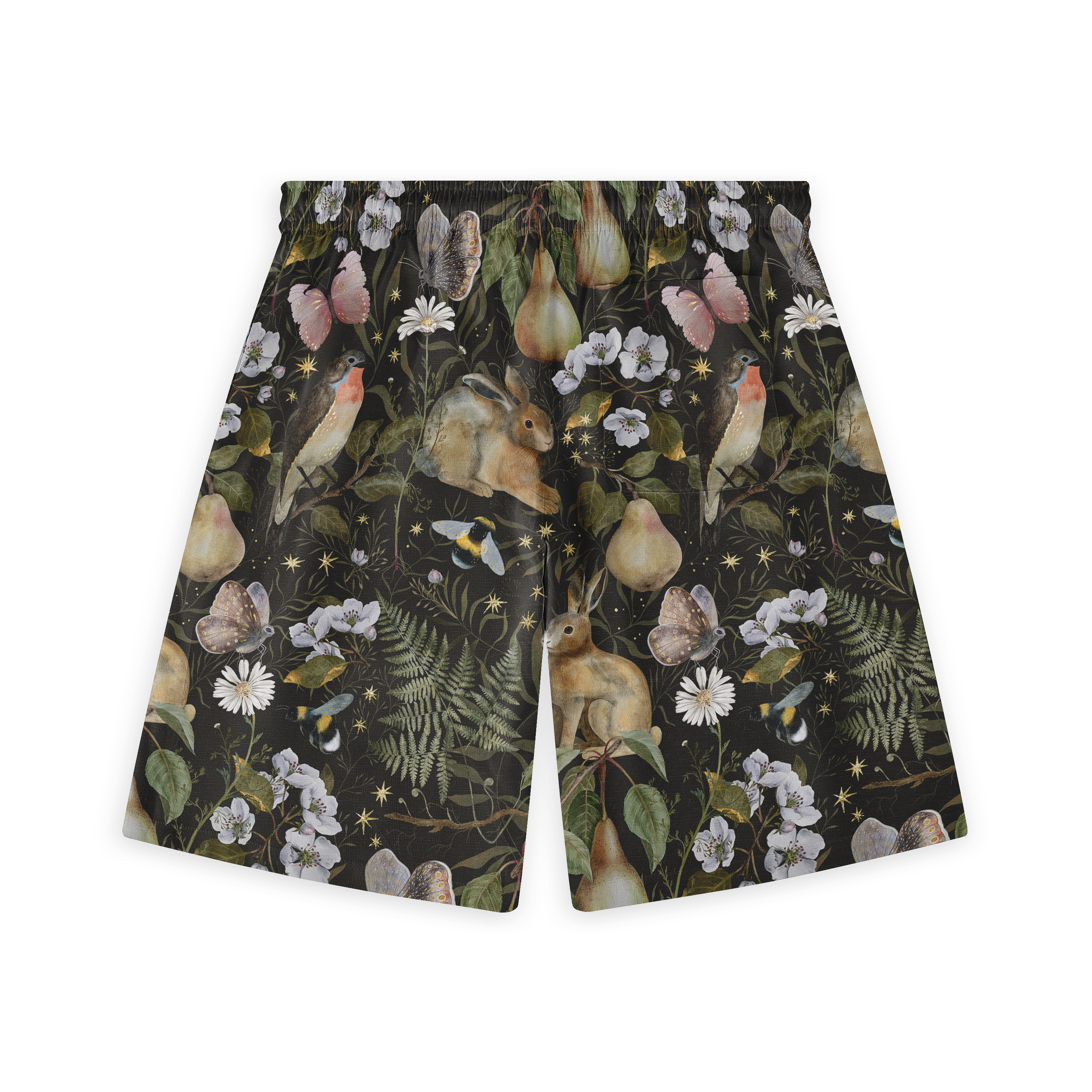 Dark-toned shorts featuring a whimsical woodland scene with rabbits, birds, butterflies, and botanical elements, creating a serene and nature-inspired design.